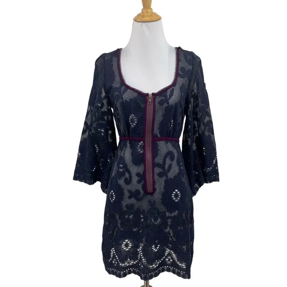 Free People Dress Womens XS Extra Small Lace Crochet Beach Bell Sleeve Cover Up
